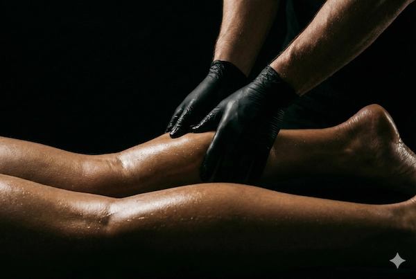 Manos de terapeuta realizando pase de drenaje linfático ascendente en la pierna para recuperación de jet-lag y mejora de la circulación. Estética oscura OMAIA.